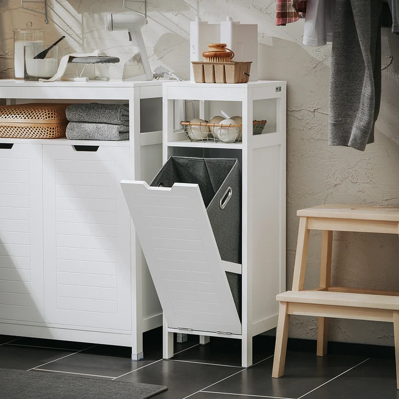 SoBuy BZR122-W Armoire à Linge avec Sac Abattant et Étagère Ouverte – L30×P30×H90 cm, Charge 15 kg, MDF, Blanc