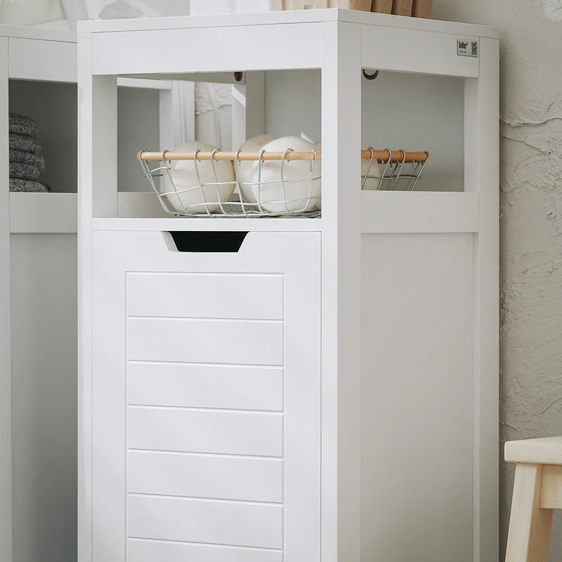 SoBuy BZR122-W Armoire à Linge avec Sac Abattant et Étagère Ouverte – L30×P30×H90 cm, Charge 15 kg, MDF, Blanc