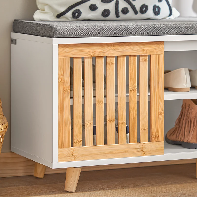 SoBuy FSR125-WN Banc à Chaussures avec Coussins Rembourrés sur Pieds pour Entrée Couloir – 101x35x46 cm, Blanc et Naturel