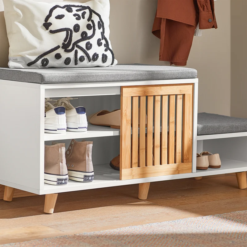 SoBuy FSR125-WN Banc à Chaussures avec Coussins Rembourrés sur Pieds pour Entrée Couloir – 101x35x46 cm, Blanc et Naturel