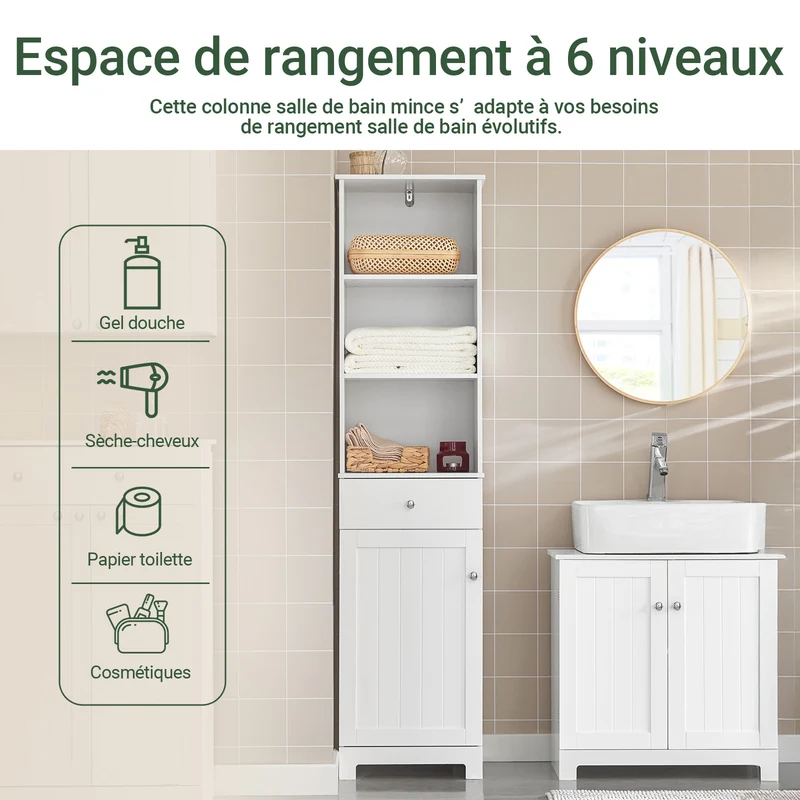 SoBuy BZR17-W Colonne Salle de Bain Meuble Salle de Bain Rangement avec Armoire et 3 Étagères Ouvertes, Petit Meuble Compact avec 1 Tiroir pour WC, Chambre 40x161x35 cm