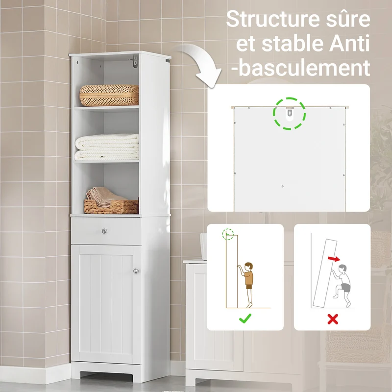 SoBuy BZR17-W Colonne Salle de Bain Meuble Salle de Bain Rangement avec Armoire et 3 Étagères Ouvertes, Petit Meuble Compact avec 1 Tiroir pour WC, Chambre 40x161x35 cm