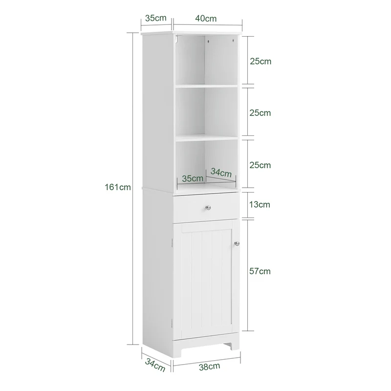 SoBuy BZR17-W Colonne Salle de Bain Meuble Salle de Bain Rangement avec Armoire et 3 Étagères Ouvertes, Petit Meuble Compact avec 1 Tiroir pour WC, Chambre 40x161x35 cm