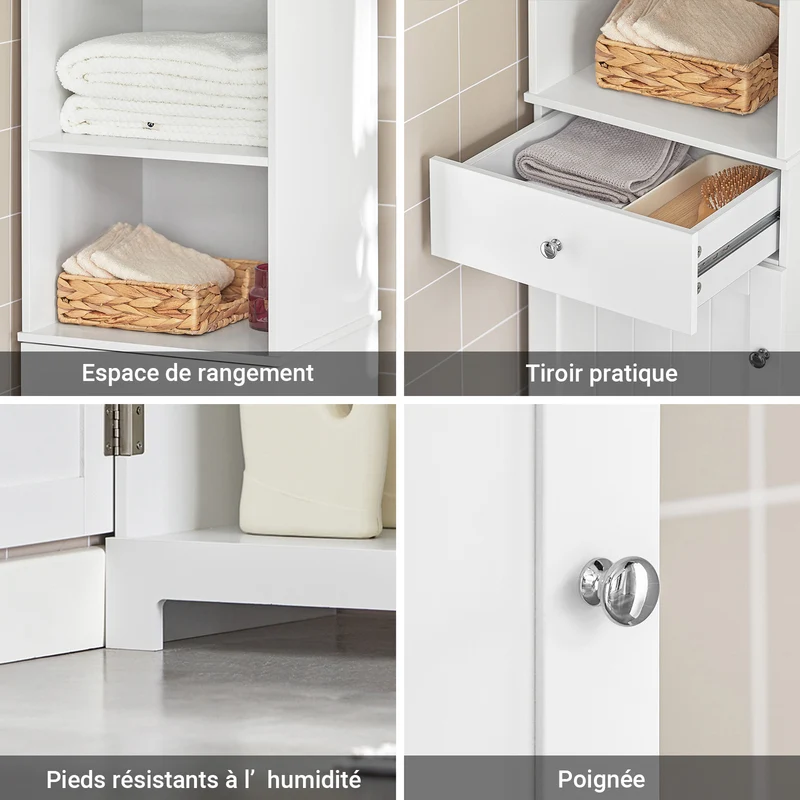SoBuy BZR17-W Colonne Salle de Bain Meuble Salle de Bain Rangement avec Armoire et 3 Étagères Ouvertes, Petit Meuble Compact avec 1 Tiroir pour WC, Chambre 40x161x35 cm