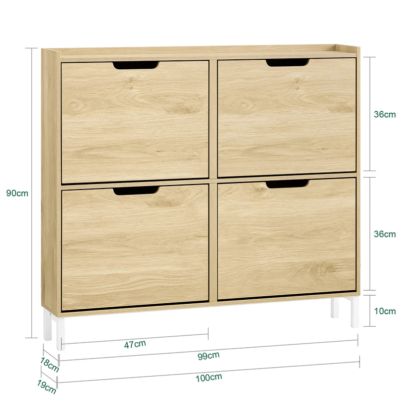 SoBuy FSR100-N Armoire à chaussures ultra-slim 19 cm – 4 abattants, 8 à 12 paires, anti-basculement, Naturel, 100×19×91 cm