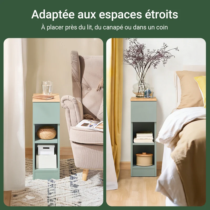 SoBuy FBT111-GR Table de Chevet Ultra-Fine avec Tiroir et Étagère – L20×P35×H60 cm, Charge max. 20 kg, MDF/PB E1, Vert