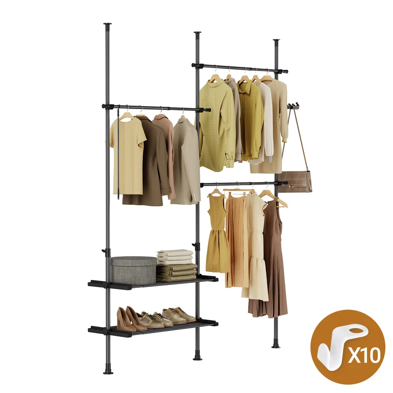 SoBuy FRG34-II-SCH Dressing télescopique sans perçage 124–226 cm avec tringles et étagères – Penderie ouverte noire