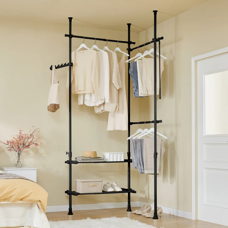 SoBuy FRG34-II-SCH Dressing télescopique sans perçage 124–226 cm avec tringles et étagères – Penderie ouverte noire