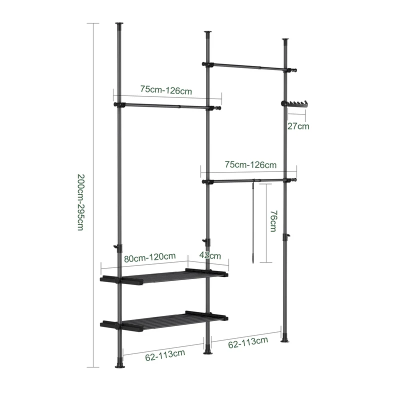 SoBuy FRG34-II-SCH Dressing télescopique sans perçage 124–226 cm avec tringles et étagères – Penderie ouverte noire