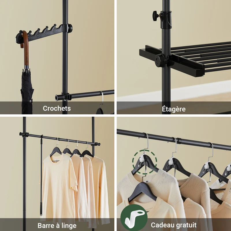 SoBuy FRG34-II-SCH Dressing télescopique sans perçage 124–226 cm avec tringles et étagères – Penderie ouverte noire