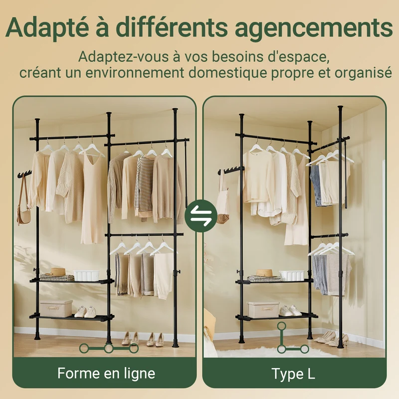 SoBuy FRG34-II-SCH Dressing télescopique sans perçage 124–226 cm avec tringles et étagères – Penderie ouverte noire