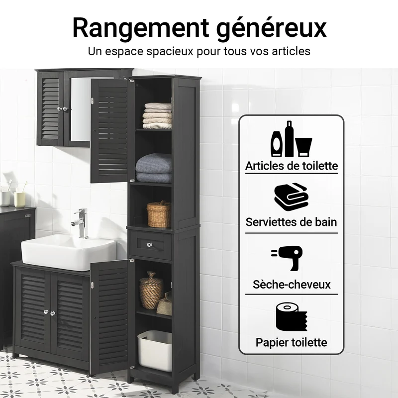 SoBuy FRG236-DG Colonne Salle de Bain avec 2 Portes, 1 Tiroir et Niche Ouverte, pour Salle de Bain et WC, Rangement Optimisé – L32×P30×H170 cm, Gris Foncé