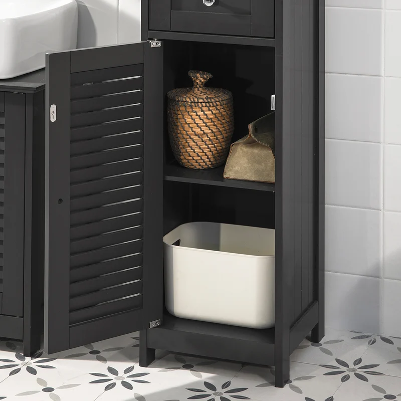 SoBuy FRG236-DG Colonne Salle de Bain avec 2 Portes, 1 Tiroir et Niche Ouverte, pour Salle de Bain et WC, Rangement Optimisé – L32×P30×H170 cm, Gris Foncé