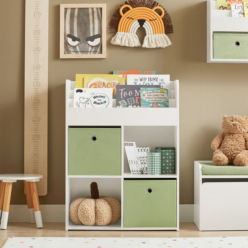 SoBuy KMB79-W Bibliothèque Enfant avec 3 Étagères, 4 Compartiments et 2 Coffres Amovibles – L60×P34×H80 cm, Charge 55 kg, MDF E1, Blanc