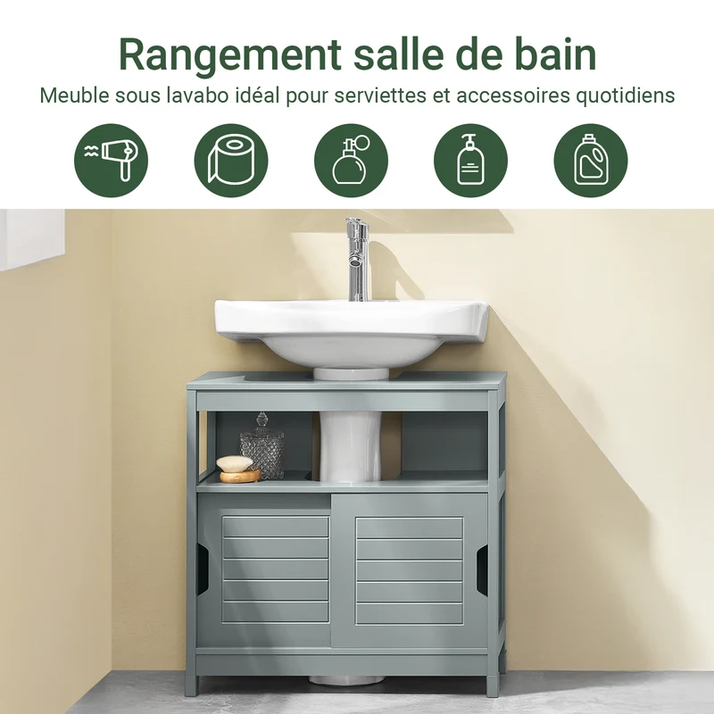 SoBuy FRG128-II-SG Meuble sous Lavabo avec Portes Coulissantes, Format Compact, Résistant à l’Humidité, pour Salle de Bain et WC – L60×P30×H60 cm, Bois, Gris