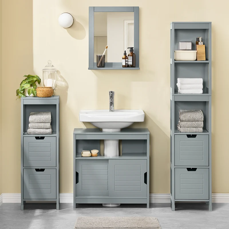 SoBuy FRG128-II-SG Meuble sous Lavabo avec Portes Coulissantes, Format Compact, Résistant à l’Humidité, pour Salle de Bain et WC – L60×P30×H60 cm, Bois, Gris