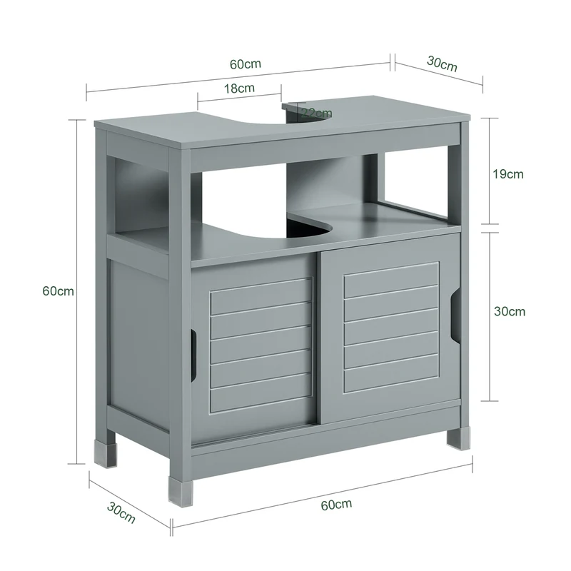 SoBuy FRG128-II-SG Meuble sous Lavabo avec Portes Coulissantes, Format Compact, Résistant à l’Humidité, pour Salle de Bain et WC – L60×P30×H60 cm, Bois, Gris