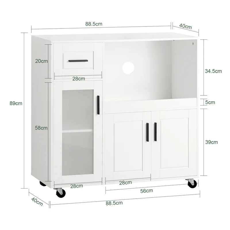 SoBuy FSB78-W Desserte de Cuisine à Roulettes – 3 Portes dont 1 en Verre, Tiroir et Gestion des Câbles, Blanc