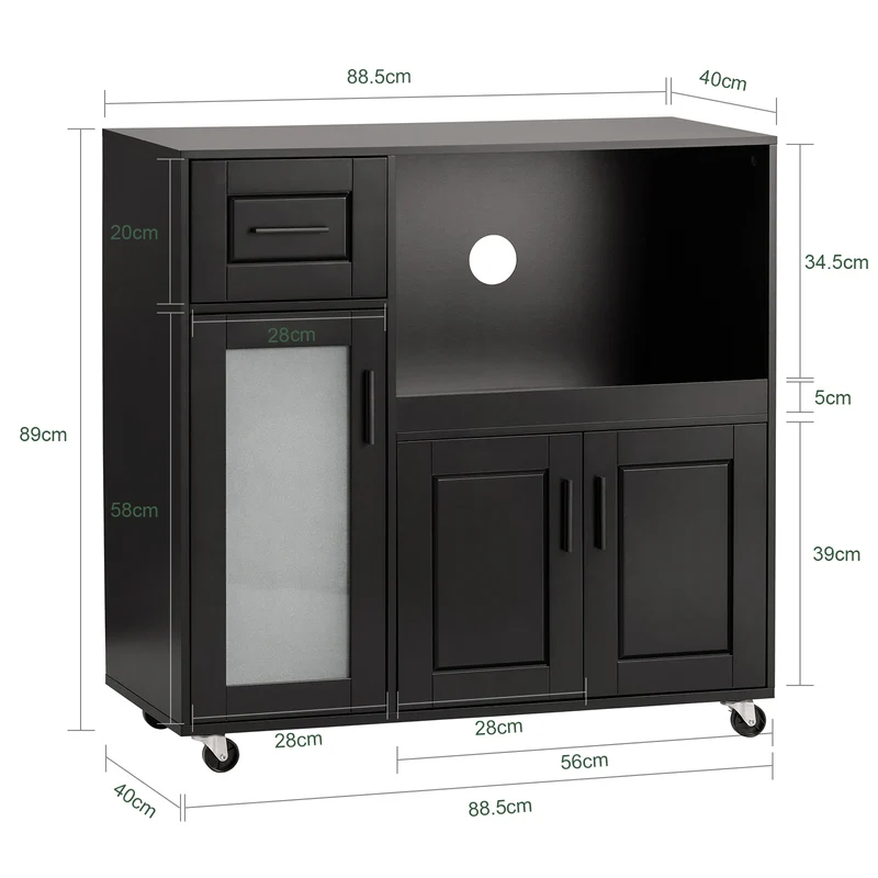 SoBuy FSB78-SCH Meuble Micro-Ondes Buffet Commode sur roulettes Armoire de Cuisine Multi-Rangement avec 3 Portes, 1 Tiroir, 1 Compartiment