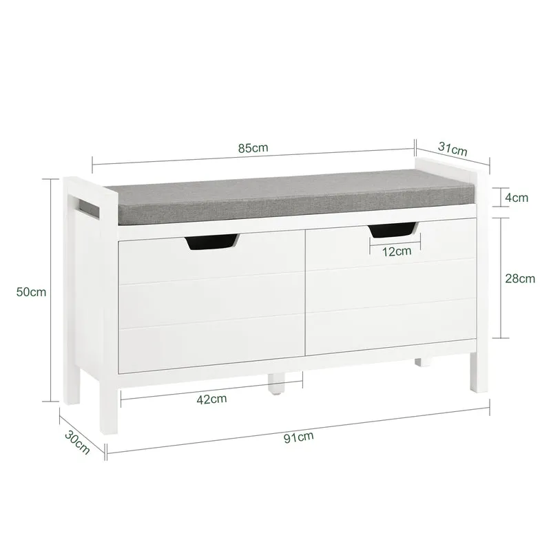 SoBuy FSR63-II-W Banc à Chaussures avec Coussin Rembourré et 2 Portes, Meuble d'Entrée – 91x30x50 cm, Blanc