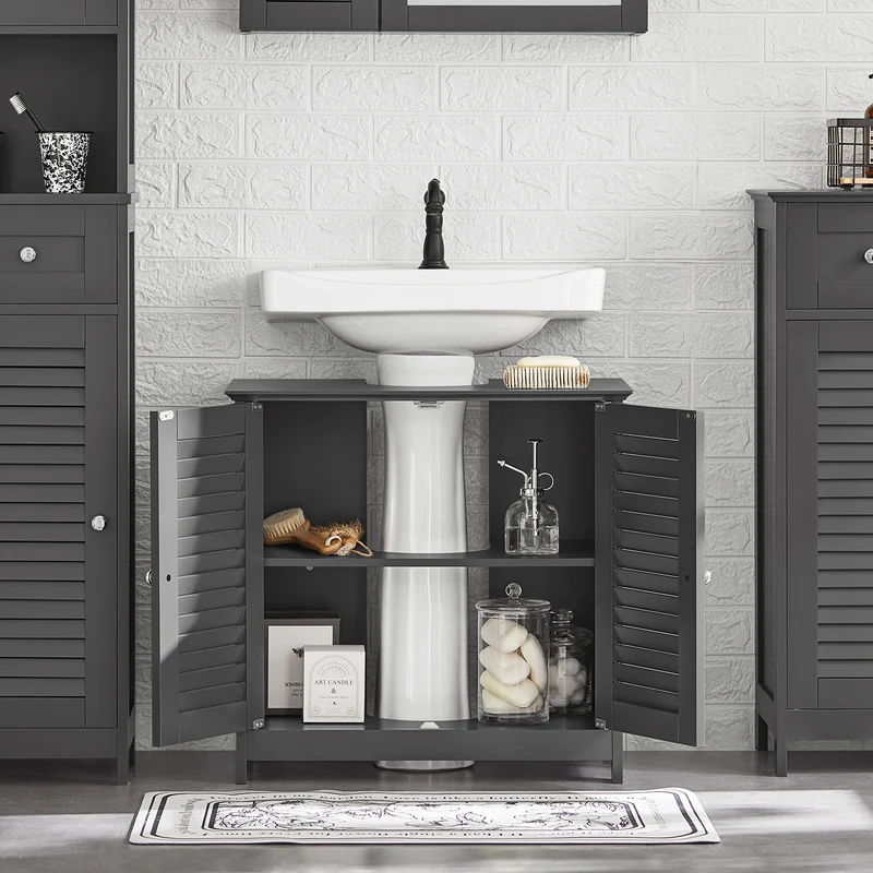 SoBuy FRG237-II-DG Meuble sous Lavabo avec Étagères Ajustables, Résistant à l’Humidité, pour Salle de Bain et WC, Rangement Optimisé – L60×P35×H58 cm, MDF, Gris