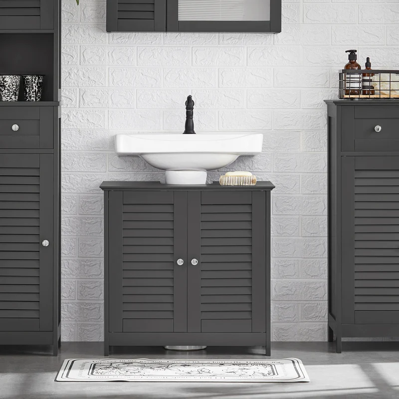 SoBuy FRG237-II-DG Meuble sous Lavabo avec Étagères Ajustables, Résistant à l’Humidité, pour Salle de Bain et WC, Rangement Optimisé – L60×P35×H58 cm, MDF, Gris