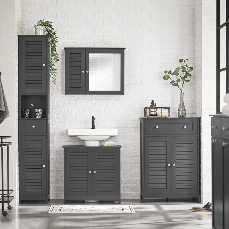 SoBuy FRG237-II-DG Meuble sous Lavabo avec Étagères Ajustables, Résistant à l’Humidité, pour Salle de Bain et WC, Rangement Optimisé – L60×P35×H58 cm, MDF, Gris