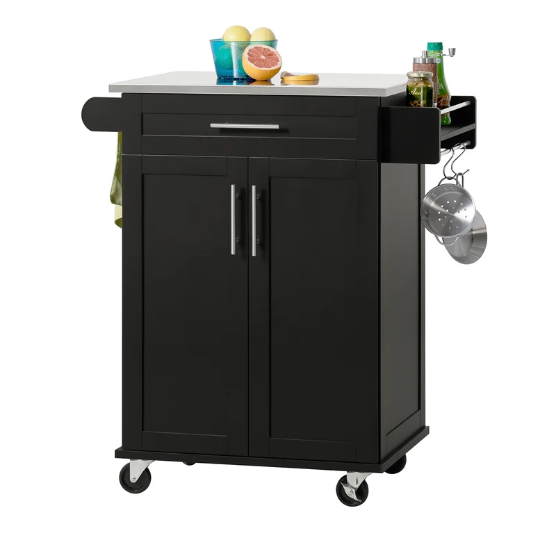 SoBuy FKW110-SCH Desserte de Cuisine à Roulettes – Plan de Travail Inox, Tiroir et Placard, 4 Roulettes dont 2 Freinées, Noir