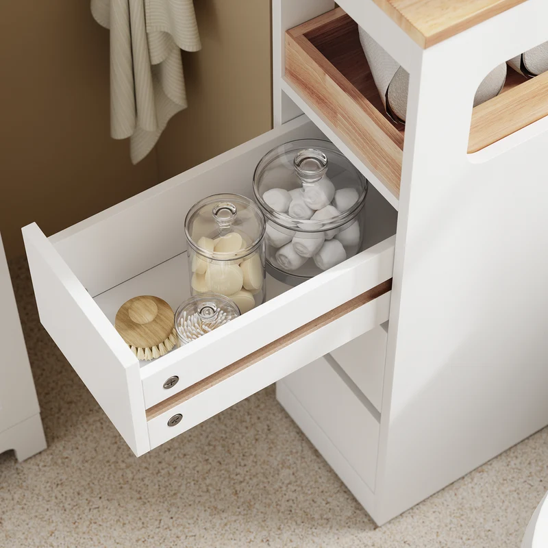 SoBuy BZR54-II-W Meuble Salle de Bain à Roulettes – 3 Tiroirs et Niche – Slim 23 cm – Blanc et Hévéa