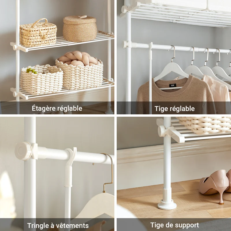 SoBuy KLS07-W Portant à vêtements télescopique solide - Penderie ouverte réglable avec tringles et étagères, Porte manteau pour chambre/dressing, Blanc