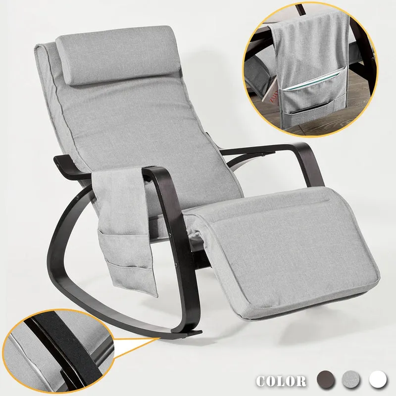SoBuy FST20-HG Fauteuil a Bascule, Relax Rocking Chair, Chaise a Bascule avec Repose-Pieds, Appui-tête réglables et Poche latérale, Gris