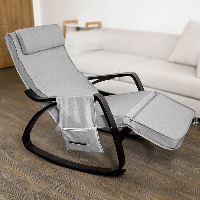 SoBuy FST20-HG Fauteuil a Bascule, Relax Rocking Chair, Chaise a Bascule avec Repose-Pieds, Appui-tête réglables et Poche latérale, Gris