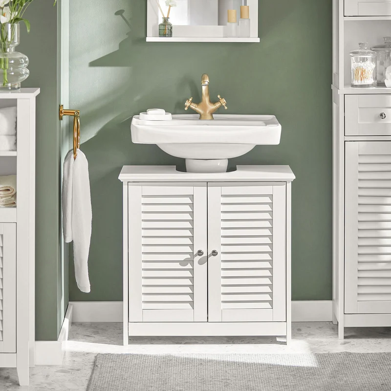 SoBuy FRG237-II-W Meuble Sous Vasque 60 cm avec Porte à Lamelles – Étagère Réglable, Blanc