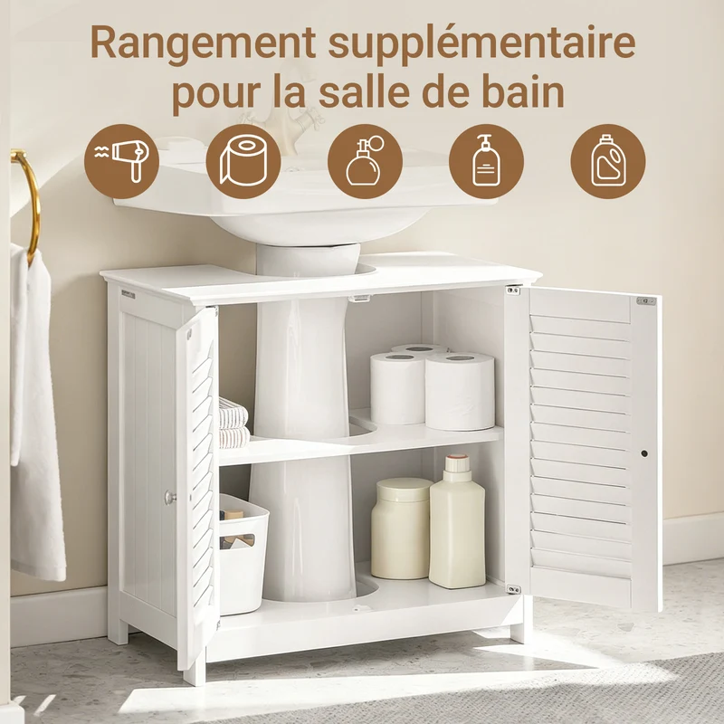 SoBuy FRG237-II-W Meuble Sous Vasque 60 cm avec Porte à Lamelles – Étagère Réglable, Blanc