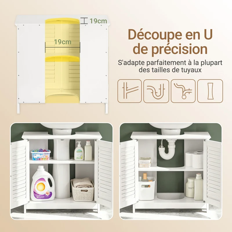 SoBuy FRG237-II-W Meuble Sous Vasque 60 cm avec Porte à Lamelles – Étagère Réglable, Blanc