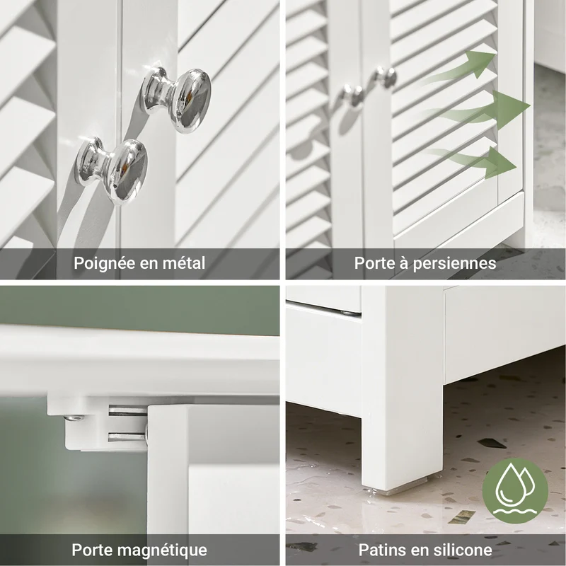 SoBuy FRG237-II-W Meuble Sous Vasque 60 cm avec Porte à Lamelles – Étagère Réglable, Blanc