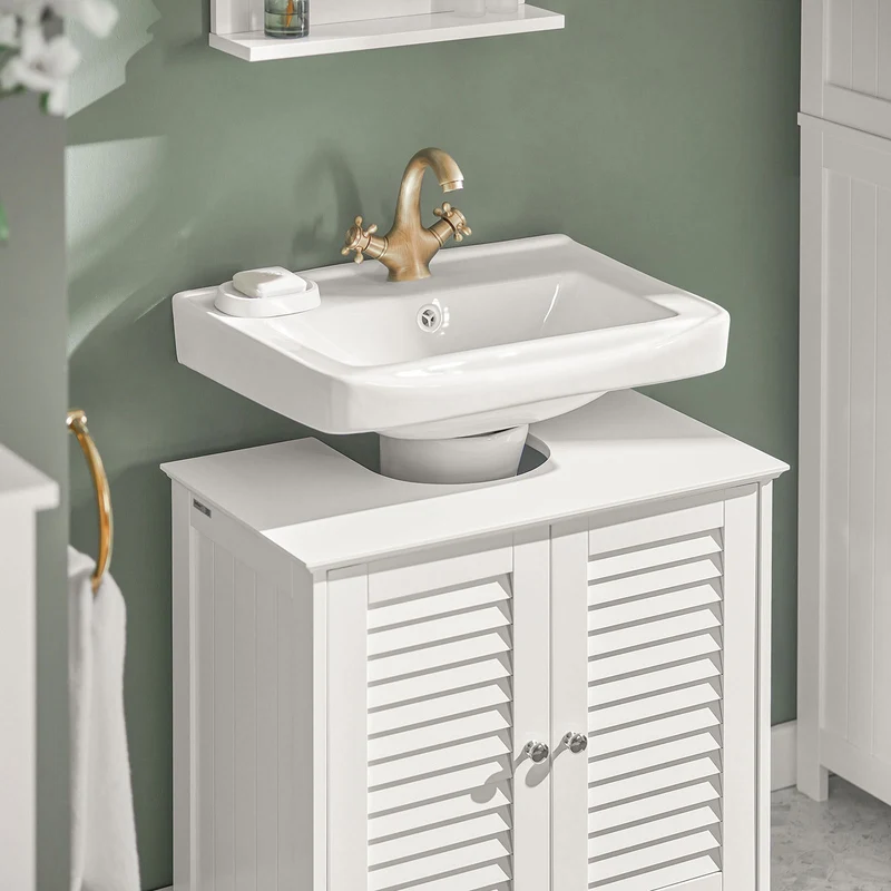 SoBuy FRG237-II-W Meuble Sous Vasque 60 cm avec Porte à Lamelles – Étagère Réglable, Blanc