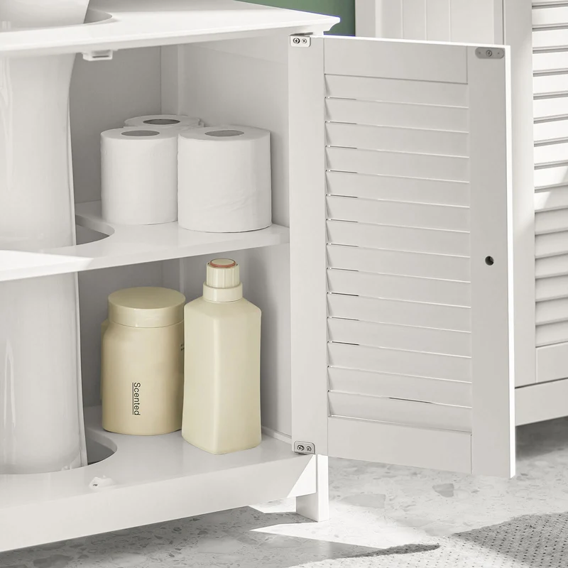SoBuy FRG237-II-W Meuble Sous Vasque 60 cm avec Porte à Lamelles – Étagère Réglable, Blanc