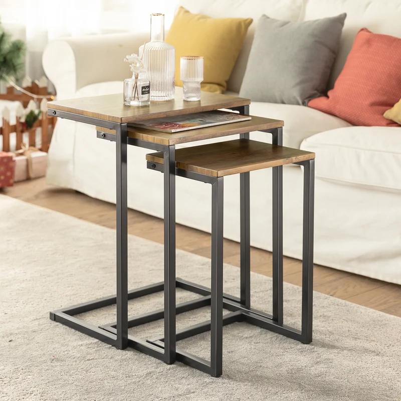 SoBuy FBT102-F Set de 3 Tables Gigognes, Tables Basses Modernes pour Salon, Design Gain de Place, Nature & Noir