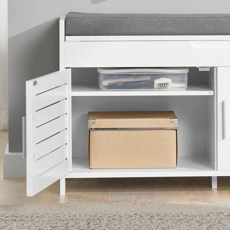 SoBuy FSR102-W Banc à Chaussures avec Coussin Rembourré, Coffre et 2 Portes de Rangement pour Entrée – 90x33x50 cm, Blanc