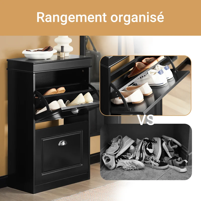 SoBuy FSR78-SCH Armoire à Chaussures 2 Abattants, Rangement 8 Paires pour Entrée Couloir – 54x24x83 cm, Noir