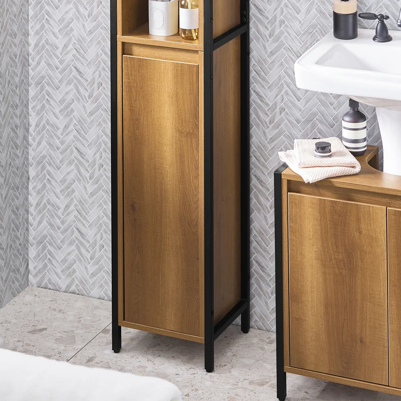 SoBuy BZR62-PF Colonne Salle de Bain avec 3 Compartiments Ouverts et 1 Porte, Gain de Place, Style Industriel, pour Salle de Bain et WC – L30×P28×H168 cm