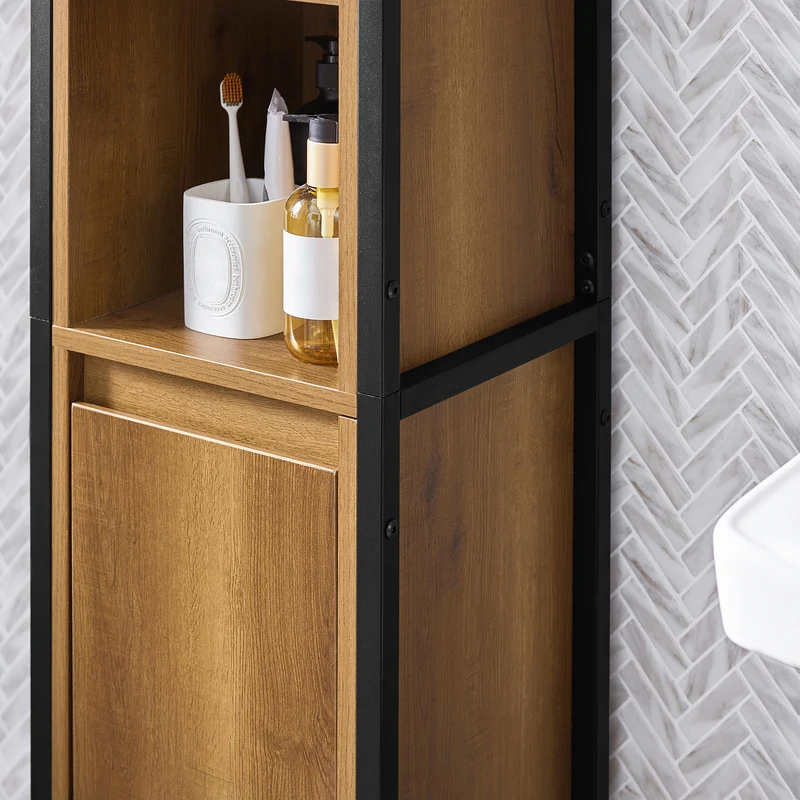 SoBuy BZR62-PF Colonne Salle de Bain avec 3 Compartiments Ouverts et 1 Porte, Gain de Place, Style Industriel, pour Salle de Bain et WC – L30×P28×H168 cm