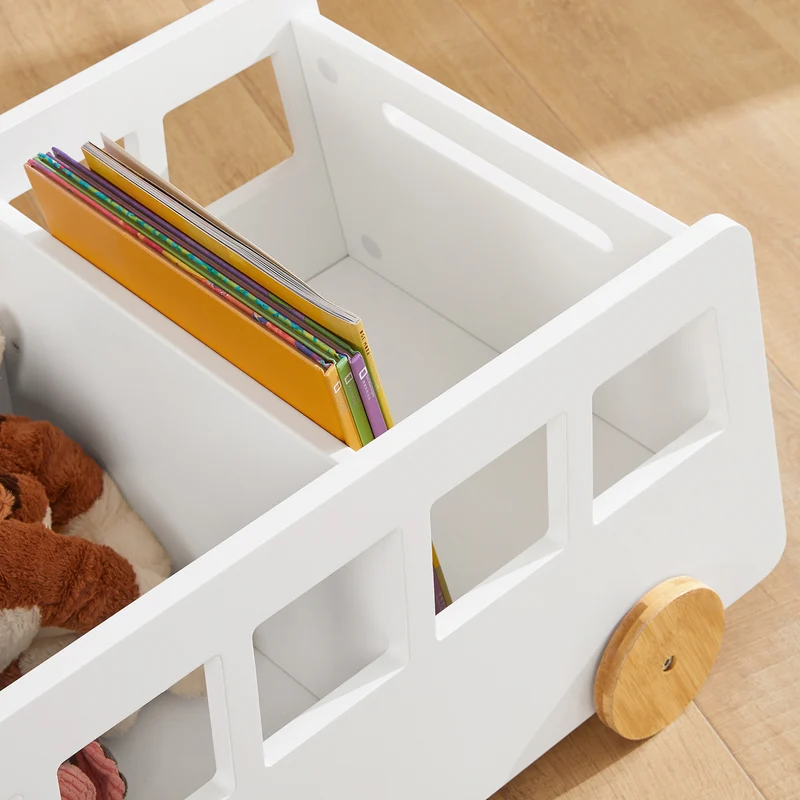 SoBuy KMB41-W Chariot Bibliothèque pour Enfants, Coffre à roulettes, Organisateur pour Jouets et Livres, Forme de Petite Voiture