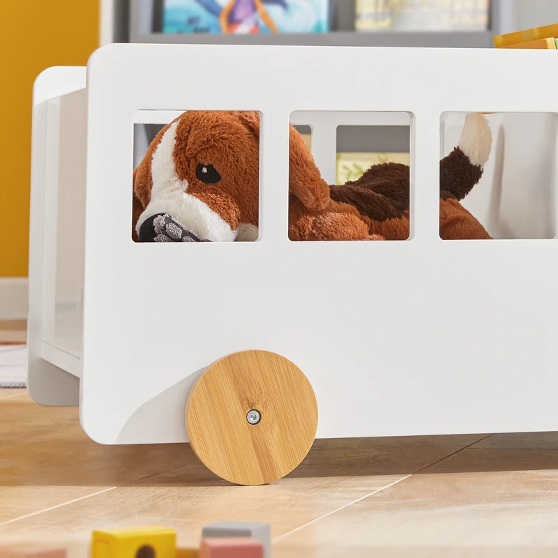 SoBuy KMB41-W Chariot Bibliothèque pour Enfants, Coffre à roulettes, Organisateur pour Jouets et Livres, Forme de Petite Voiture