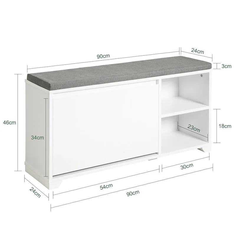 SoBuy FSR119-W Banc à Chaussures avec Coussin Rembourré, 1 Abattant et 2 Compartiments Ouverts pour Entrée – 90x24x46 cm, Blanc