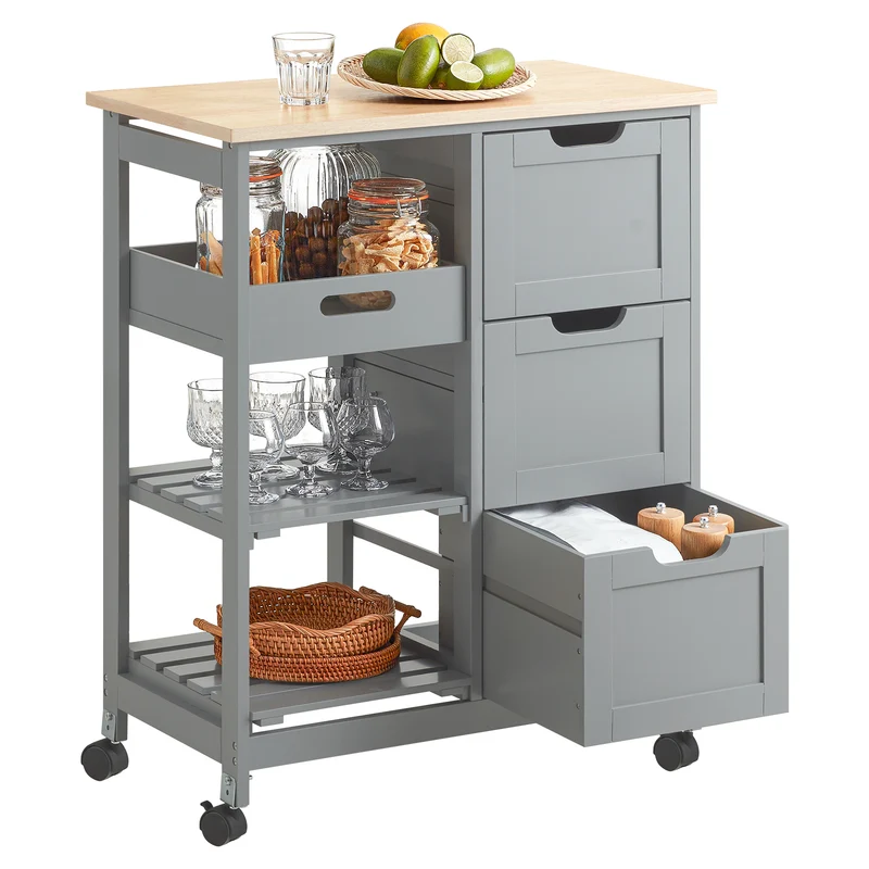 SoBuy FKW79-HG Meuble Cuisine Desserte de Cuisine à roulettes, Desserte Rangement avec 3 Tiroirs et 1 Tablette Amovible, Meuble de Rangement Cuisine, L68xP38xH85cm,Gris