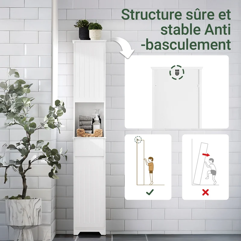 SoBuy BZR109-W Meuble Colonne Salle de Bain 170 cm Slim 30 cm 2 Portes Étagères Réglables Tiroir Anti-Basculement – Blanc