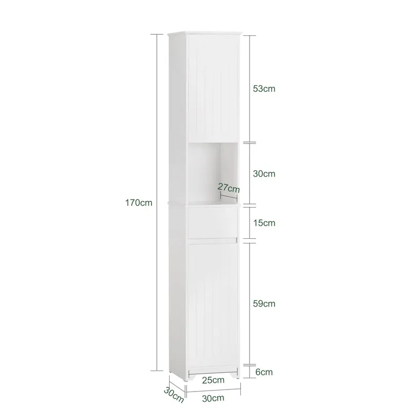 SoBuy BZR109-W Meuble Colonne Salle de Bain 170 cm Slim 30 cm 2 Portes Étagères Réglables Tiroir Anti-Basculement – Blanc