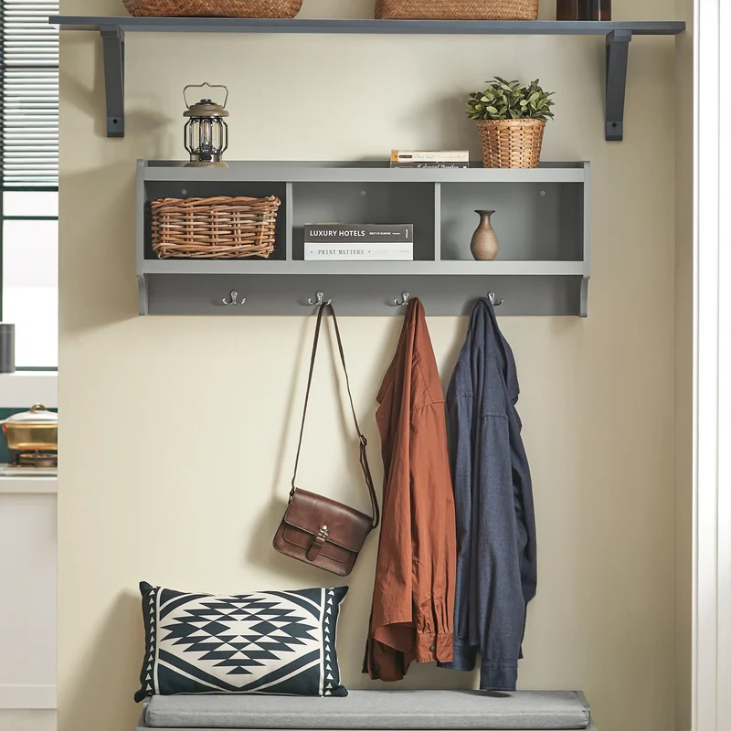 SoBuy FHK28-HG Porte Manteau Mural, Étagère de Rangement, Meuble Entrée, Vestiaire avec 3 Compartiments et 4 Crochets Doubles, 100x25x35 cm, Gris